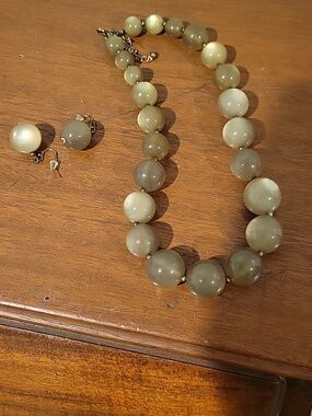 Vintage Women’s Beaded Necklace in Olive Green Plus Earrings